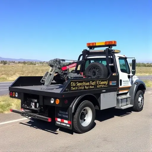A rugged, specialized tow truck parked on a roadside, equipped with a hydraulic winch, a heavy-duty crane arm, a flatbed, and a bright orange safety light. The truck is surrounded by a clear, sunny landscape with a distant highway and a few scattered trees. The vehicle’s design emphasizes functionality and readiness, with visible toolboxes, a spare tire, and a sturdy tow strap hanging from the winch. The scene conveys a sense of preparedness and professional service.