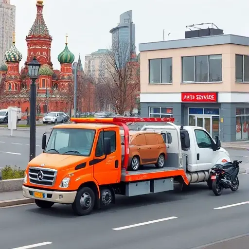 A tow truck in a Moscow cityscape, towing a passenger car, a truck, and a motorcycle, with a price tag icon on the truck, positioned near an auto service center building, all depicted without any text or lettering.