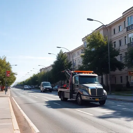 Эвакуатор на 4-й Новоподмосковном переулке: Полное руководство A tow truck pulling a car on a quiet urban street with typical Moscow residential buildings, trees, and street lamps under a clear sky, showing the atmosphere of a 4th Novopodmoskovny lane without any visible text or numbers