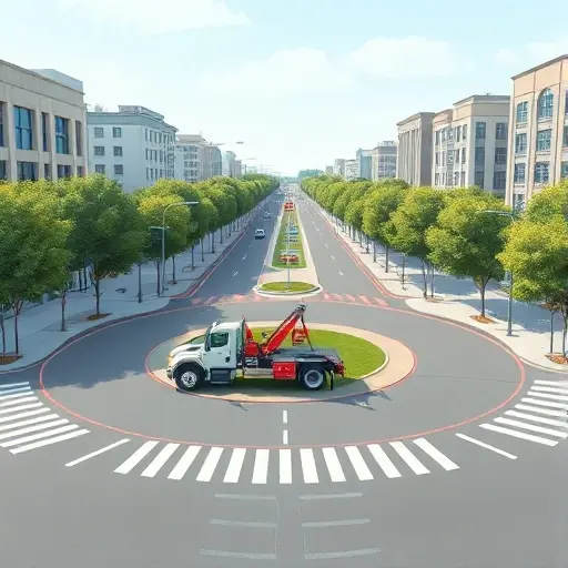 Эвакуатор на Аллее Большого Круга: Полное Руководство A realistic smallHQ illustration of a tow truck positioned on a wide, tree-lined avenue that forms a large circular roundabout, with the truck's hook and lights visible, surrounded by modern buildings and a clear sky, no text or signage in the scene.