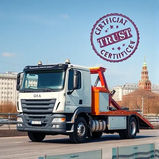 A professional tow truck operating in the southern part of Moscow, set against a recognizable cityscape with subtle hints of official documentation such as a stamped seal or certificate floating nearby, conveying trust and legitimacy without any visible text or numbers. The scene should feel reliable and reputable, with the truck clean and well-maintained, and the background showing typical Moscow architecture under a clear sky.