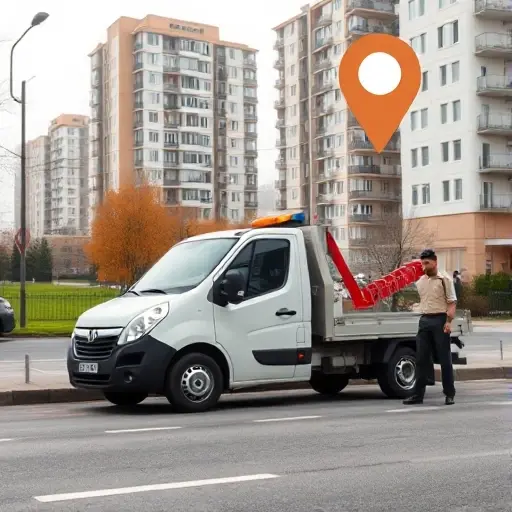A realistic city street scene in the South-Eastern Administrative District of Moscow, showing a compact, modern tow truck parked beside a small parked car that appears to have broken down. The tow truck is painted in neutral colors, with a friendly driver in a simple uniform standing nearby, gesturing help. In the background, typical Moscow apartment blocks and a hint of a park are visible, with soft daylight and a subtle hint of a map pin icon floating near the tow truck to suggest proximity. The overall composition conveys affordability, reliability, and local service without any text or logos.