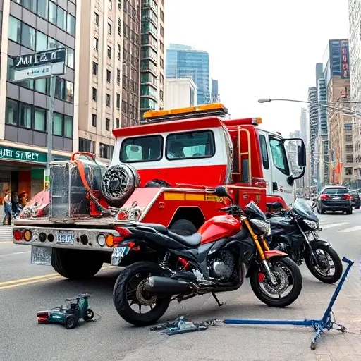 A realistic tow truck parked on a bustling city street named Amur Street, with a backdrop of urban buildings and a clear sky. The tow truck should be equipped with a hydraulic winch and a visible towing hook. Nearby, a few motorcycles are being secured to the truck using straps, and a small piece of special equipment (such as a hydraulic jack or a compact crane) is positioned beside the vehicle. The scene should convey a sense of readiness and professionalism, with the tow truck’s reflective surfaces and the motorcycles’ polished chrome details highlighted. No text, letters, or numbers should appear in the image.