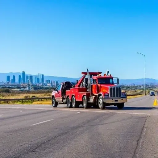 A tow truck on a scenic highway between cities, pulling a stranded car, with distant city skylines and a clear blue sky, no text or lettering visible