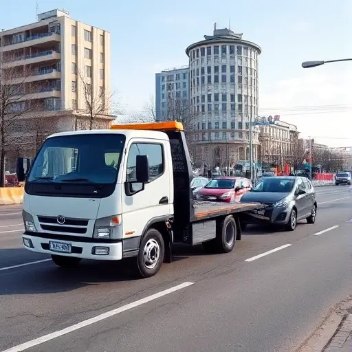 Эвакуатор в Москве недорого: Полное руководство по заказу в СВАО A modest, affordable tow truck pulling a small car onto a city street in Moscow's North-Eastern Administrative Okrug, with recognizable Moscow architecture in the background such as a typical high-rise building and a hint of the Moscow River, under a clear daytime sky, no signage or lettering visible
