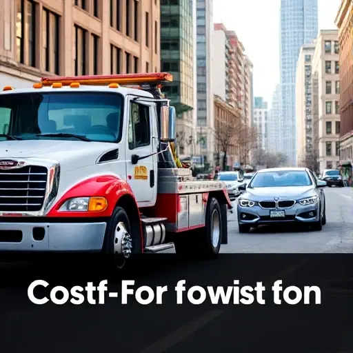 A tow truck pulling a car along a city street, with a clear view of the urban environment, illustrating the concept of towing and cost formation, but no textual elements