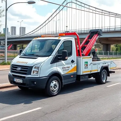 A friendly, modern tow truck parked on a street in Khabarovsk, with a recognizable city backdrop such as the Khabarovsk Bridge or local architecture, showing the vehicle in a clear, approachable pose without any signage or text, emphasizing affordability and reliability