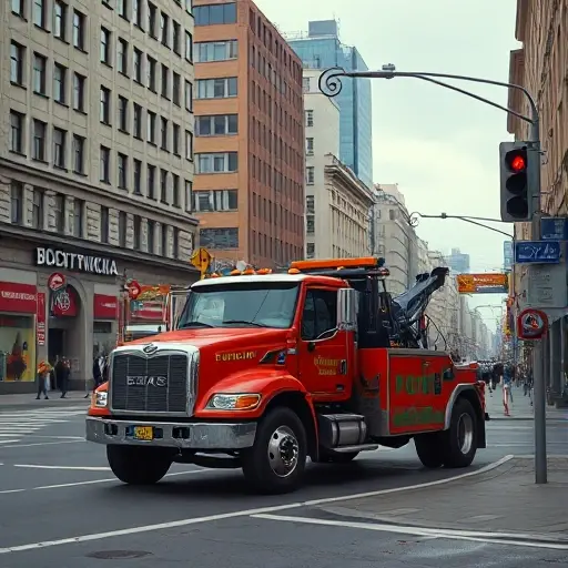 A realistic depiction of a tow truck parked on Bolshaya Oktyabrskaya Street in a bustling urban setting, with surrounding city buildings, street signs, and traffic lights, capturing the essence of a typical Russian city street scene.