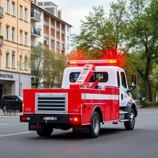 A realistic tow truck (evacuator) parked on a city street in the Krasnoselsky district, with surrounding urban buildings, trees, and a clear sky; the scene shows the truck's hook and lights, conveying a professional roadside assistance service, without any text or signage