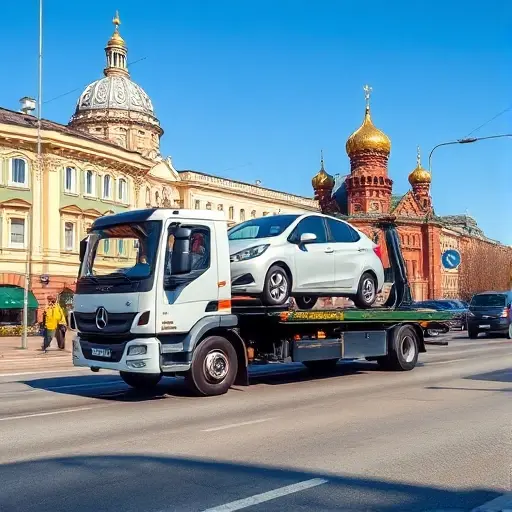 A modern tow truck in Moscow, positioned on a busy city street with recognizable Moscow architecture such as the Kremlin dome in the background. The truck is actively loading a small sedan onto its platform, with a professional driver assisting. The scene is bright daylight, showing clear skies and typical urban traffic, emphasizing quick roadside assistance.