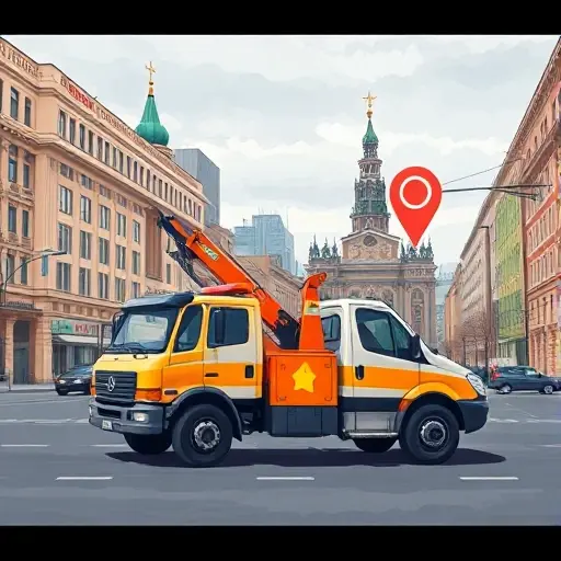 A realistic illustration of a tow truck on a Moscow street, with city buildings and a subtle map pin hovering slightly away from the truck's actual position, indicating an incorrect location indication; cloudy sky, urban atmosphere, no text or symbols