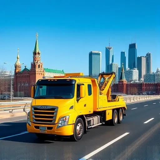 сколько стоит эвакуатор по москве цены A modern yellow tow truck driving on a wide city highway with the Kremlin towers and modern skyscrapers visible in the background, clear blue sky, realistic photography, high detail