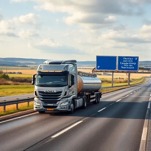 A sleek tow truck driving along a highway between Moscow and Cheboksary, with a clear road sign indicating the route, scenic countryside, no people, no text