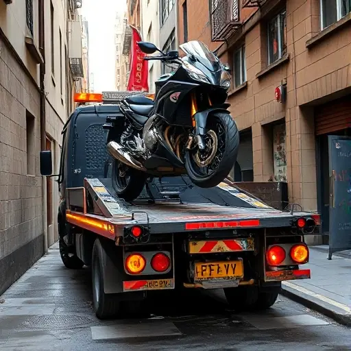 A tow truck specialized for motorcycles and heavy equipment parked in a narrow alley, with a motorcycle being lifted onto a platform, city street background, no text or lettering