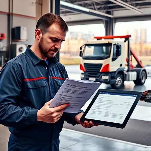 A professional mechanic in a clean garage in Moscow, inspecting a stack of official documents and a digital tablet showing a tow truck's service history, with a modern tow truck parked outside, the Moscow skyline faintly visible in the background. The scene is bright, detailed, and realistic, with no text or lettering.