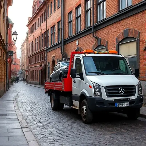 A realistic tow truck parked on a narrow cobblestone alley in a historic Russian town, with a damaged car being towed, surrounded by old brick buildings and lampposts, soft evening light, no text or signage visible.