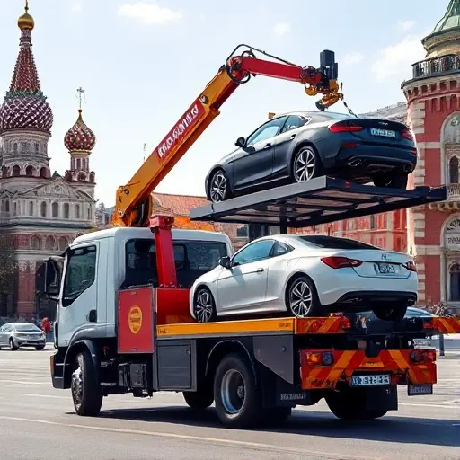A realistic city scene of Moscow featuring a modern tow truck equipped with a hydraulic manipulator arm, positioned near a recognizable Moscow landmark such as the Kremlin or a typical Moscow street with historic buildings. The tow truck is actively lifting a small car onto its platform, showcasing the manipulator in action. The atmosphere is bright daylight with clear sky, and the composition emphasizes the vehicle and its equipment without any signage or text.