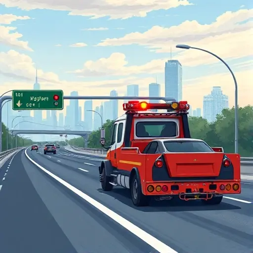 Эвакуатор Москва, Перовское шоссе: Полное руководство A realistic illustration of a tow truck on Perovskoye Highway in Moscow, towing a car, with the highway environment, traffic lights, and city skyline in the background, no text or lettering