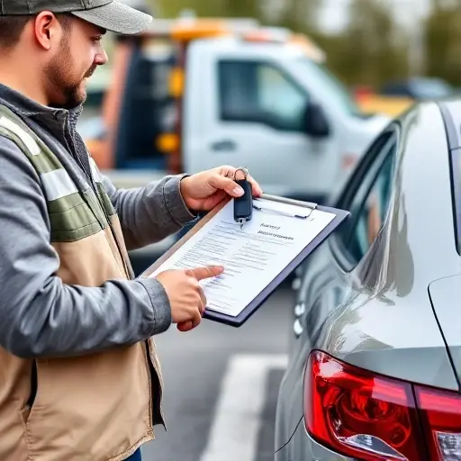 A realistic scene showing a tow truck with a large number painted on its side, a mechanic or attendant filling out a handover form while a car is being towed, all in a professional setting with clear lighting and detail, no text or digits visible in the image.