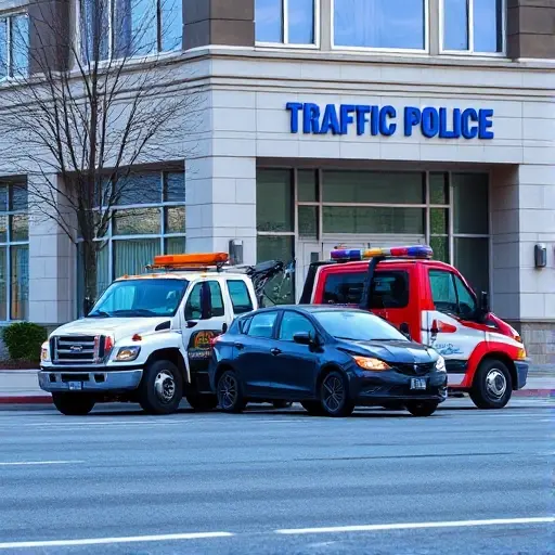 A tow truck pulling a damaged car toward a district traffic police office building, with the office’s architectural features visible, all depicted in a realistic, detailed style
