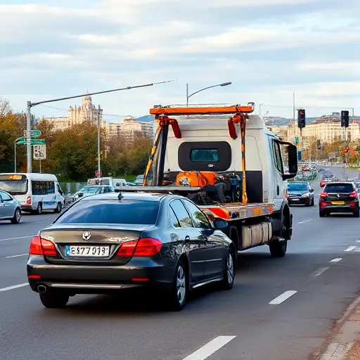 A tow truck in Pushkino, Russia, pulling a stalled car from a busy road, with other vehicles, traffic lights, and a cityscape in the background, depicting a typical situation that requires a tow truck.