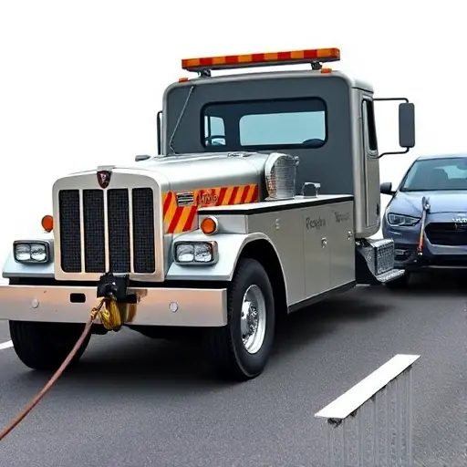 A realistic tow truck equipped with a winch pulling a stalled vehicle on a road, with a clear view of the winch cable and the truck's front cab, set against a neutral background