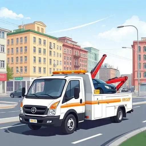 Эвакуатор Молжаниновский‚ Москва: Недорого и Надежно – Полный Гид A realistic illustration of a tow truck (evakuator) operating in the Molzhaninovsky district of Moscow, with recognizable city buildings and streets, showing the vehicle assisting a car, under a clear sky, emphasizing affordability and reliability, without any text or signage