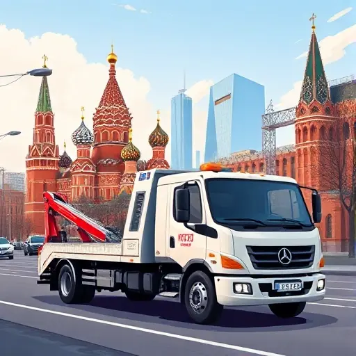 A realistic illustration of a modern tow truck parked on a Moscow street, with the iconic skyline of Moscow in the background, a visible price tag icon on the side of the truck, no text or numbers, showing the relevance of towing services in Moscow.