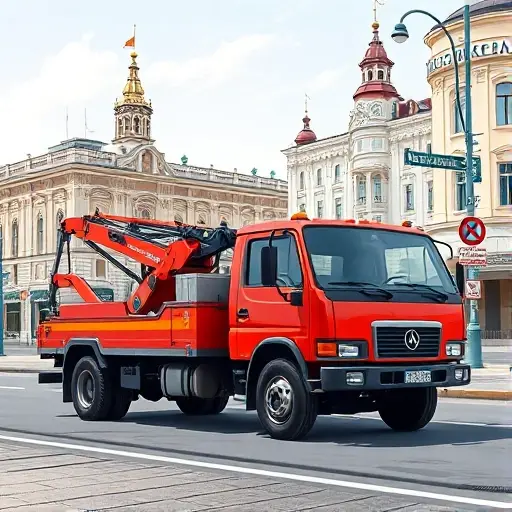 A realistic tow truck (эвакуатор) parked on a city street in Moscow or Novgorod, with recognizable Russian urban architecture in the background, such as historic buildings and street signs, but without any visible text or logos. The tow truck should be the focal point, showing its hook and platform, under a clear sky, rendered in a detailed yet compact style suitable for a small high-quality illustration.