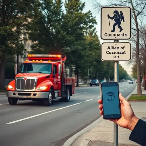 A realistic scene of a tow truck with flashing lights parked on a quiet urban street lined with trees, the driver stepping out, a person holding a smartphone gesturing as if calling, background shows a distinctive street sign featuring an astronaut silhouette indicating the Alley of Cosmonauts, clear sky, focus on the interaction between driver and caller, no visible text or numbers