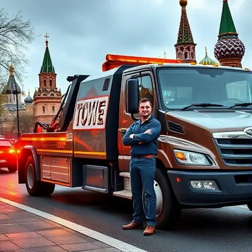A professional tow truck driver standing beside a modern tow truck on a Moscow street, with recognizable Moscow architecture such as the Kremlin or St. Basil's Cathedral in the background, realistic lighting, showing the vehicle and driver ready for work, no text or signage
