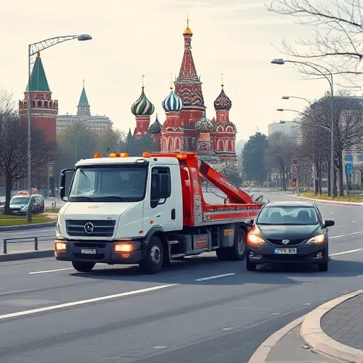 A realistic illustration of a tow truck navigating Moscow streets, with the Kremlin silhouette in the background, assisting a broken-down car on the road, captured in a compact high-quality (smallHQ) style