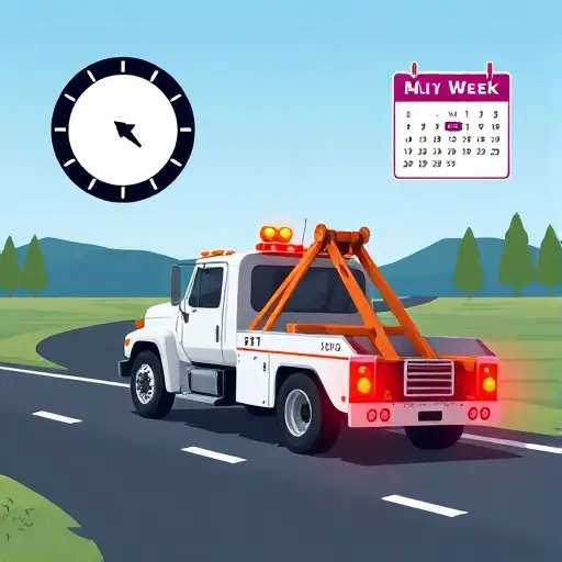 depict a tow truck on a road with a clock showing time of day and a calendar indicating day of week, all without any text, numbers, letters, or digits