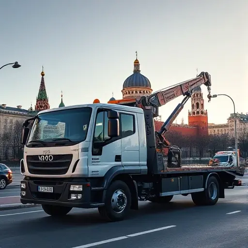эвакуатор москва expressevakuator ru A modern tow truck with a crane, parked on a Moscow street with recognizable city architecture such as the Kremlin dome silhouette in the background, under a clear sky, realistic lighting and details, smallHQ