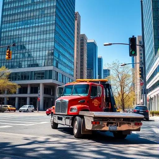 эвакуатор проспект A tow truck parked on a bustling city avenue, surrounded by modern office buildings, traffic lights, and a clear blue sky. The scene captures the dynamic urban environment with subtle reflections on the truck’s metal surface and soft shadows from nearby trees.