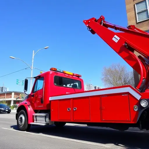 эвакуатор апрелевка A bright red tow truck parked on a city street, with a clear blue sky, no people, no other vehicles, no text or logos visible.