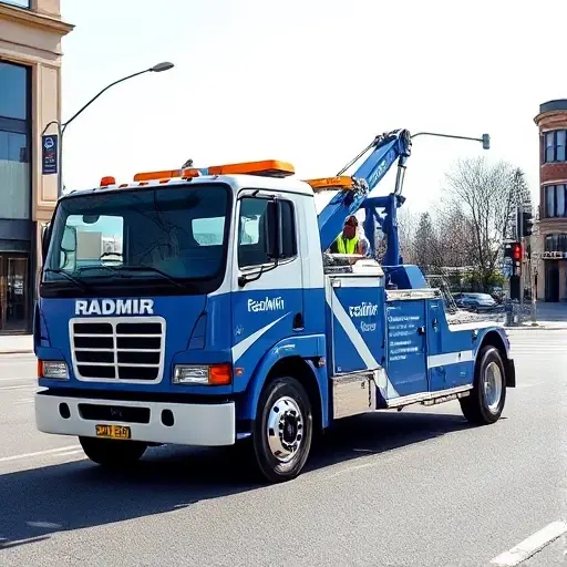 эвакуатор радмир A realistic depiction of a Radmir tow truck parked on a city street, featuring its distinctive blue and white livery, a prominent rear hook, and a driver wearing a reflective vest. The setting is daytime with a clear sky, and the background includes a few buildings and a traffic light.