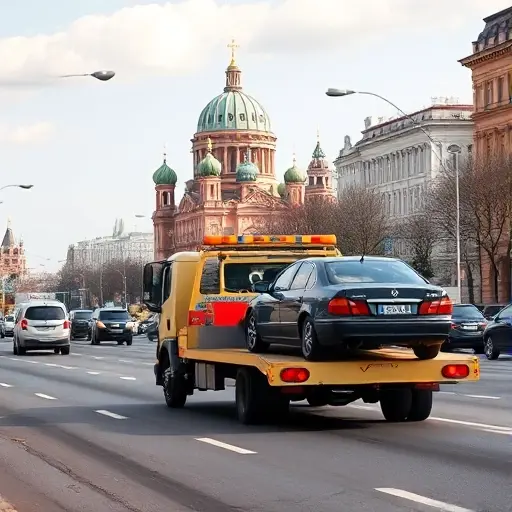 A realistic daytime scene of a tow truck pulling a car on a Moscow street, with recognizable Moscow architecture such as the Kremlin dome and historic buildings in the background, busy urban environment, clear sky, detailed vehicles and streets, no text or signage