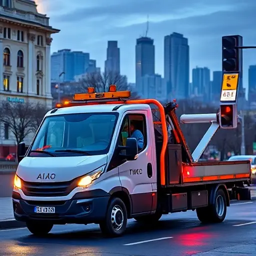 A modern tow truck parked on a Moscow street with the city skyline in the background, the driver using a contactless payment terminal to pay cashlessly, showing a subtle glowing wave indicating a digital transaction, realistic lighting and urban atmosphere, no visible text or symbols