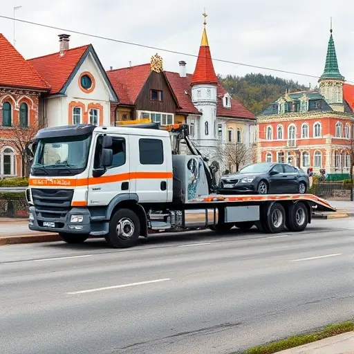 A professional tow truck parked in a picturesque Russian town setting, with a car being gently towed, highlighting the advantages of a professional towing service. The scene should emphasize the tow truck’s robust build, safety equipment, and a calm, well-maintained environment, without any text or lettering.