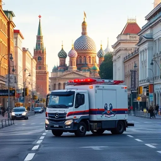 A realistic scene of a tow truck (evacuator) driving through a recognizable Moscow street with iconic buildings and the Kremlin silhouette in the background, showing the vehicle in action on a city road, under a clear sky, with subtle details like traffic signs and streetlights but no visible text or numbers.