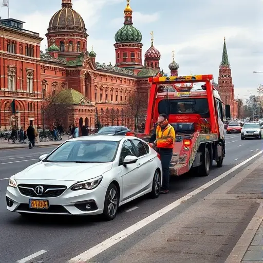 A professional tow truck pulling a stranded car onto the side of a busy Moscow street, with recognizable Moscow architecture such as the Kremlin dome and red brick buildings in the background, under a clear sky. The scene shows the tow truck driver assisting the driver of the car, both wearing safety gear, with city traffic and pedestrians in the distance, emphasizing reliable evacuation services without any text or signage.