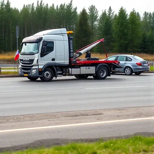 A modern towing truck parked on a Belarusian road, towing a car, with a Belarus flag visible, no text or logos in the scene
