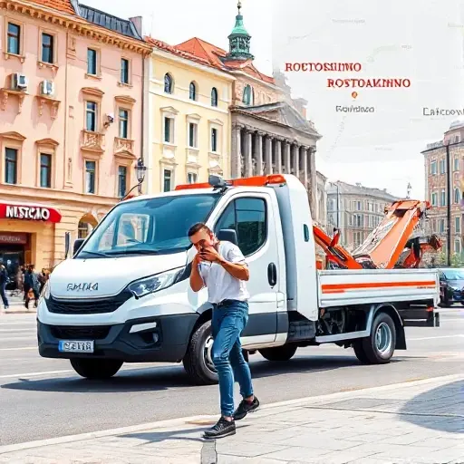 A person in casual clothing standing on a Moscow street in Rostokino, holding a phone and looking at a modern, low-cost tow truck parked nearby. The tow truck has a generic company logo. The background features typical Moscow architecture and a subtle map overlay indicating the Rostokino area. The scene is bright and clear, with no text or lettering.
