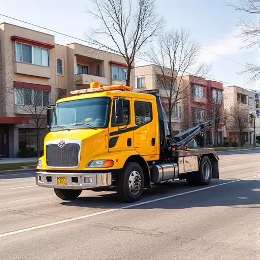 A modern yellow tow truck parked on a quiet city street with residential buildings in the background, daytime, clear weather, professional photography
