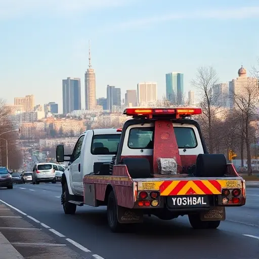A tow truck in Yoshkar-Ola city towing a car on a city street, with a clear view of the city skyline, no text, no letters, no digits, no people, no animals