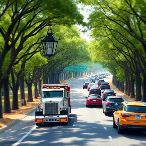 A realistic smallHQ illustration of a tow truck navigating a winding tree‑lined alley that opens onto a busy highway called the Road of Life, with dense traffic and visible traffic jams, cars lined up, dynamic motion blur to convey traffic intensity, bright daylight, no signage or text