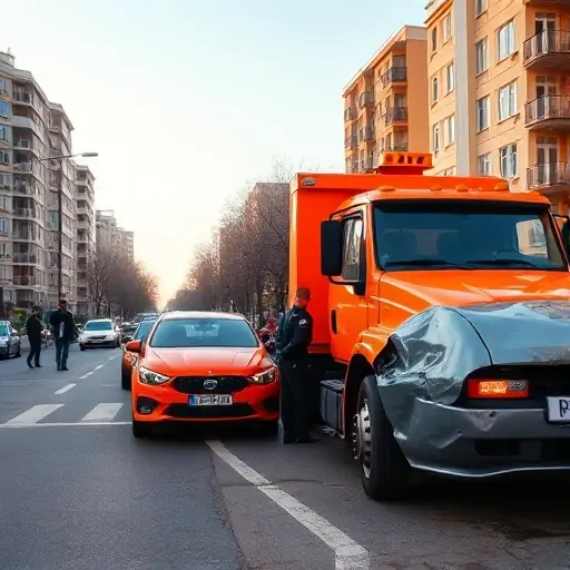 A realistic city street scene in Moscow showing a bright orange tow truck parked beside a damaged car on the side of the road. The background features typical Moscow apartment buildings and a hint of the skyline under a clear sky. The tow truck driver, wearing a uniform, is inspecting the vehicle, while a few pedestrians watch from a distance. The atmosphere is calm and helpful, emphasizing affordable roadside assistance in the city.