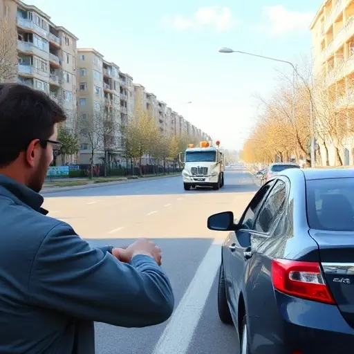 A realistic urban scene in the Butovo district of Moscow showing a driver waiting beside a parked car on a quiet street, glancing at a watch, with a tow truck approaching from the distance. The background includes typical Moscow apartment buildings, street trees, and a clear sky, conveying the anticipation of the tow truck's arrival without any text or signage.