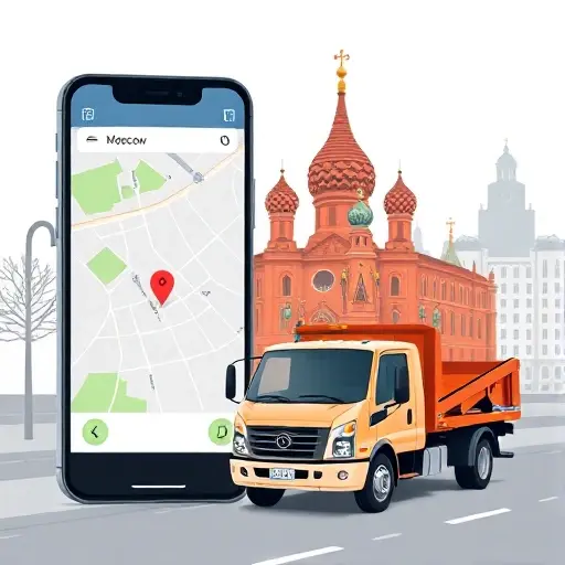 A modern smartphone screen showing a map of Moscow with a highlighted location and a small icon of a tow truck, next to a real tow truck parked on a city street with recognizable Moscow architecture in the background, such as the Kremlin dome silhouettes, all rendered in a clean, detailed illustration without any text or logos